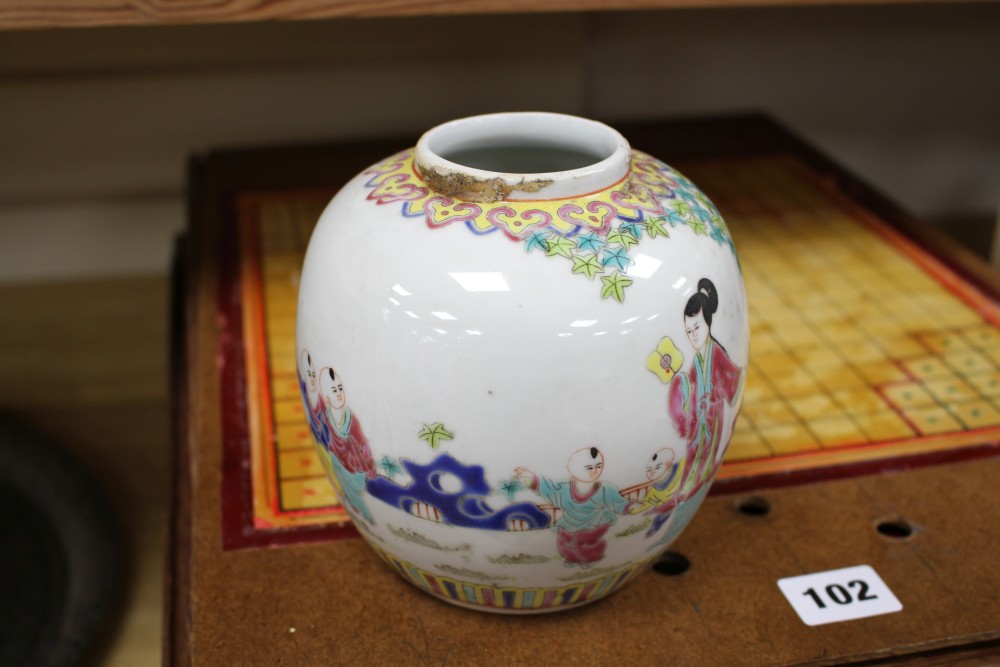 Three Chinese blue and white prunus pattern ginger jars, two other jars and ten assorted teapots